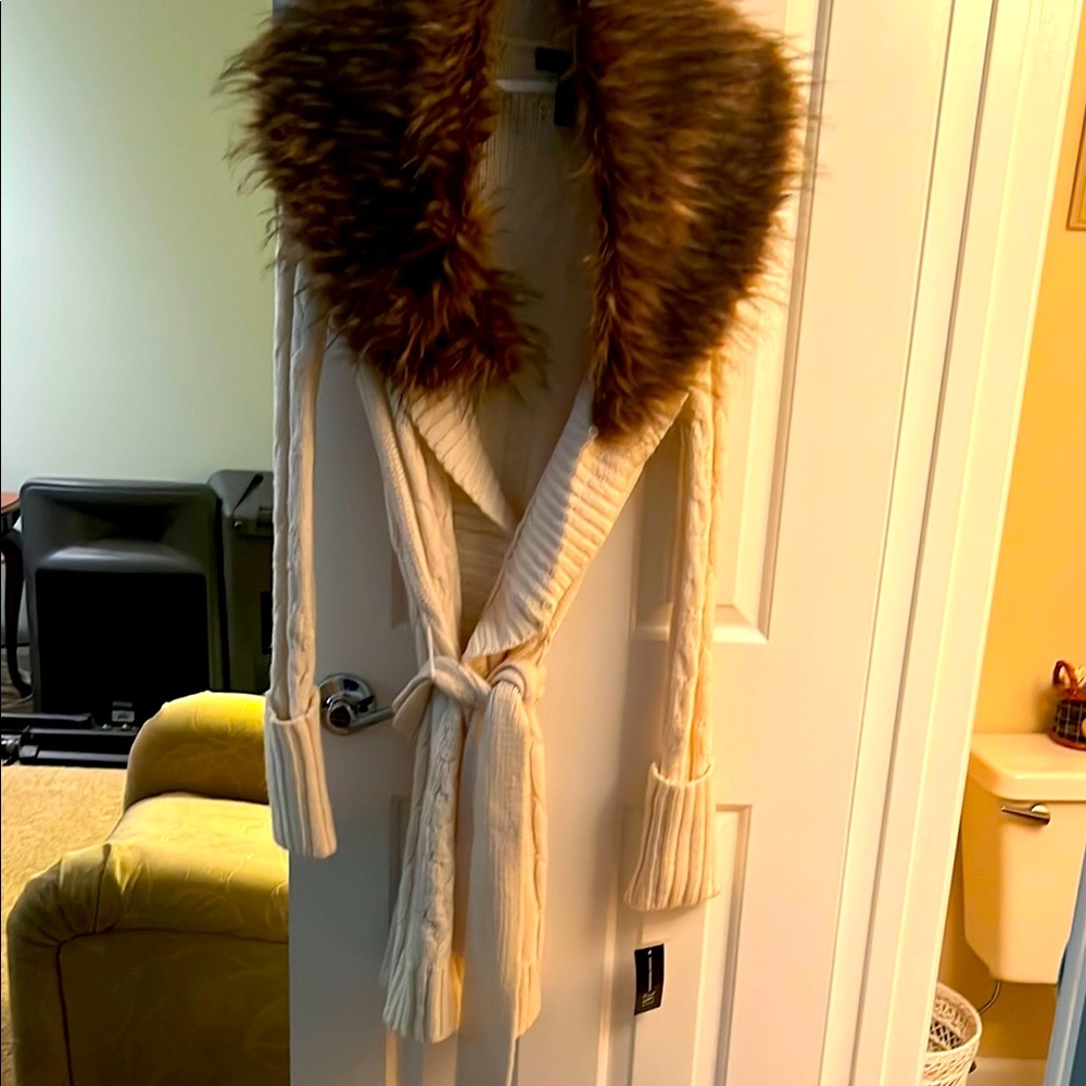INC International Concepts Cream Cardigan with Brown Faux Fur